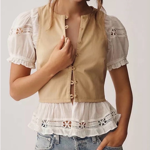 Anthropologie Tops - Anthropologie Puff Sleeve Two-fer Top Beige and White Lace Blouse